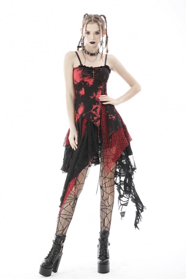 Crimson & Noir Tie-Dye Patchwork Punk Slip Dress with Irregular Hem