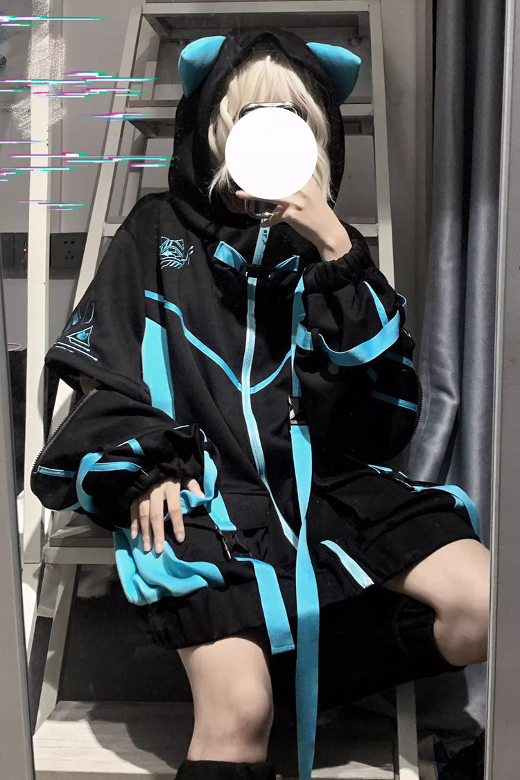 Black/Blue Cyberpunk Hooded Print Jirai Kei Sports Coat