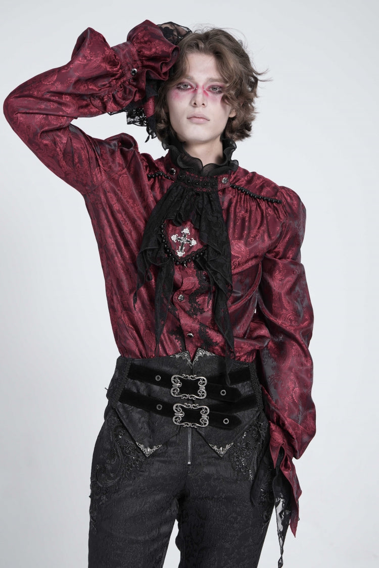 Crimson Puff Sleeve Men's Gothic Shirt with Lace Tie