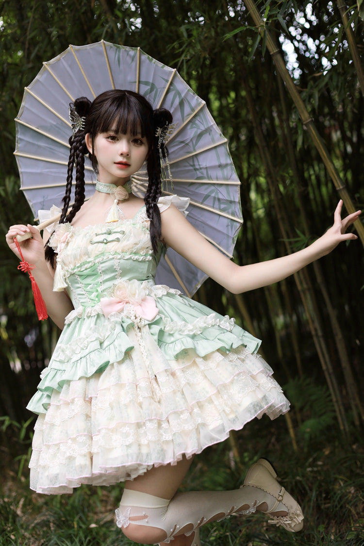 Ancient Poetry Printed Multi-Layer Sweet Lolita Tiered Dress - Chinese Style