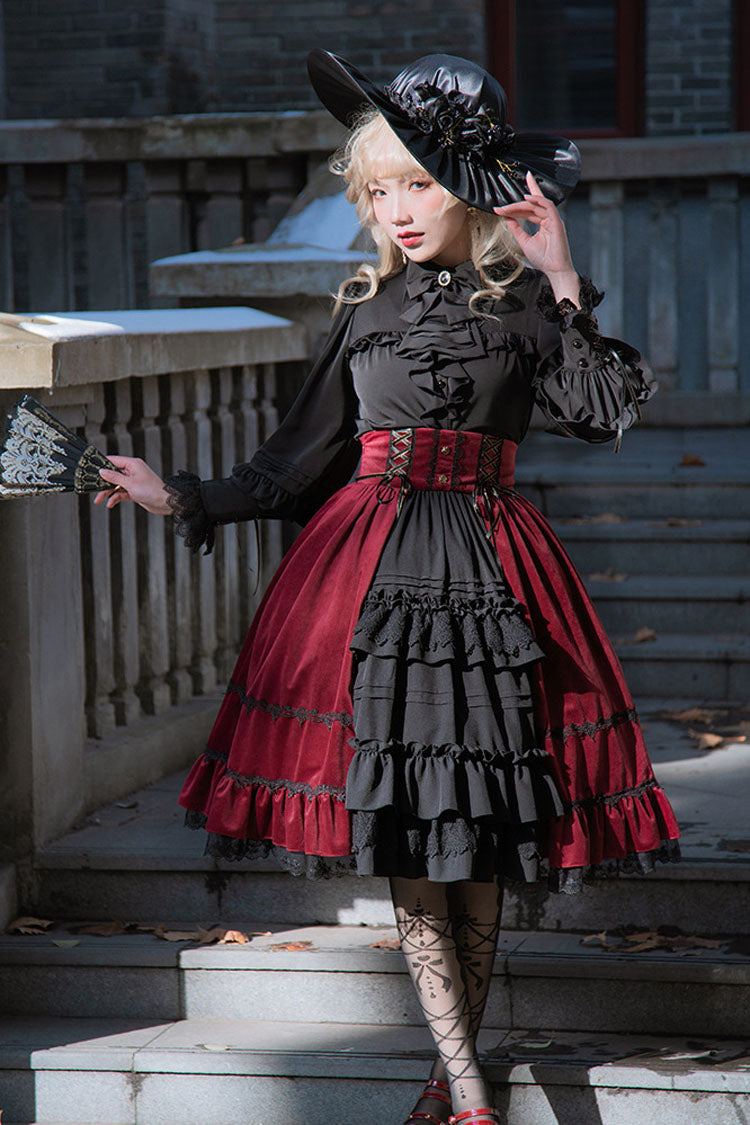Black/Red Gothic Lolita Skirt Dress Stitching Cardigan Ruffled - Altfashion Shop
