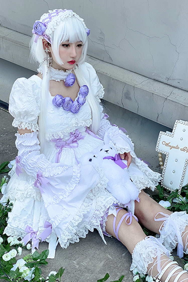 Ivory and Purple Puffed Short Sleeve Princess Gothic Lolita Tiered Dress