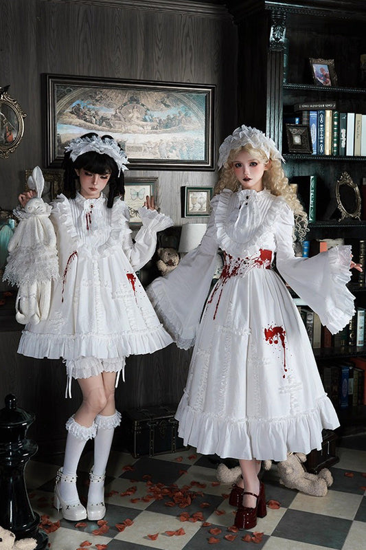 White Long Hime Sleeve Ruffled Lace Gothic Lolita Dress Set - Two Versions