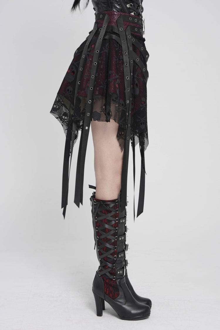 Noir & Scarlet Mesh Eyelet Laced Punk Skirt with Asymmetric Hem