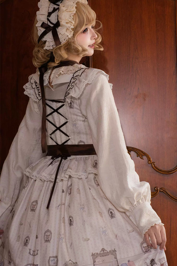 Cream Forest Tailor Shop Square Collar Printed Bow Frilled Sweet Lolita JSK Dress