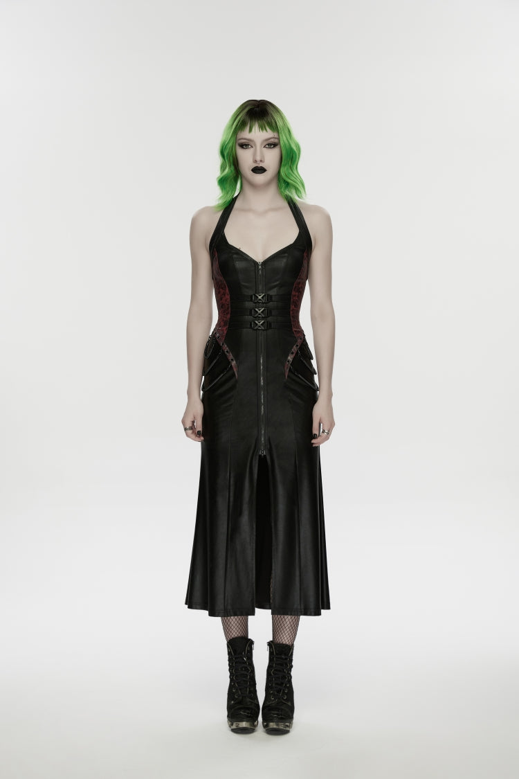 Crimson & Noir Halter Neck Sleeveless Buckle Detail Punk Mini Dress