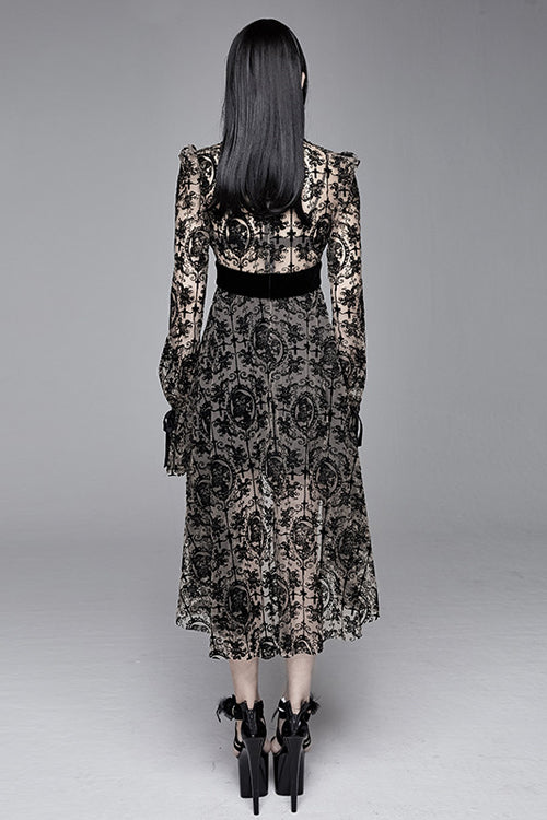 See-Through Printed Velvet Belted Gothic Dress with Tie