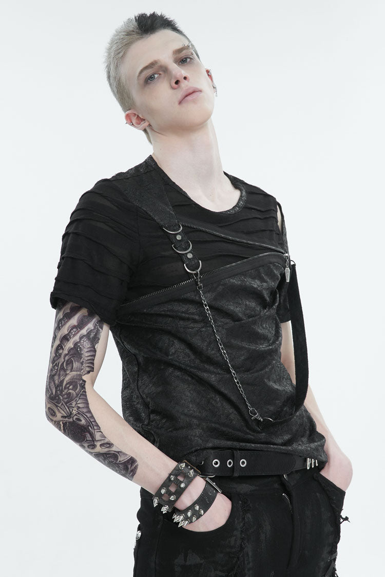 Obsidian Punk Tee with Zippered Chest and Asymmetric Neckline