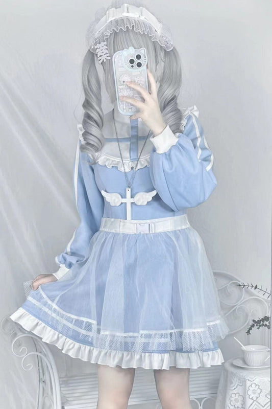 Blue Cross Angel Ruffle Long Sleeve Jirai Kei Dress