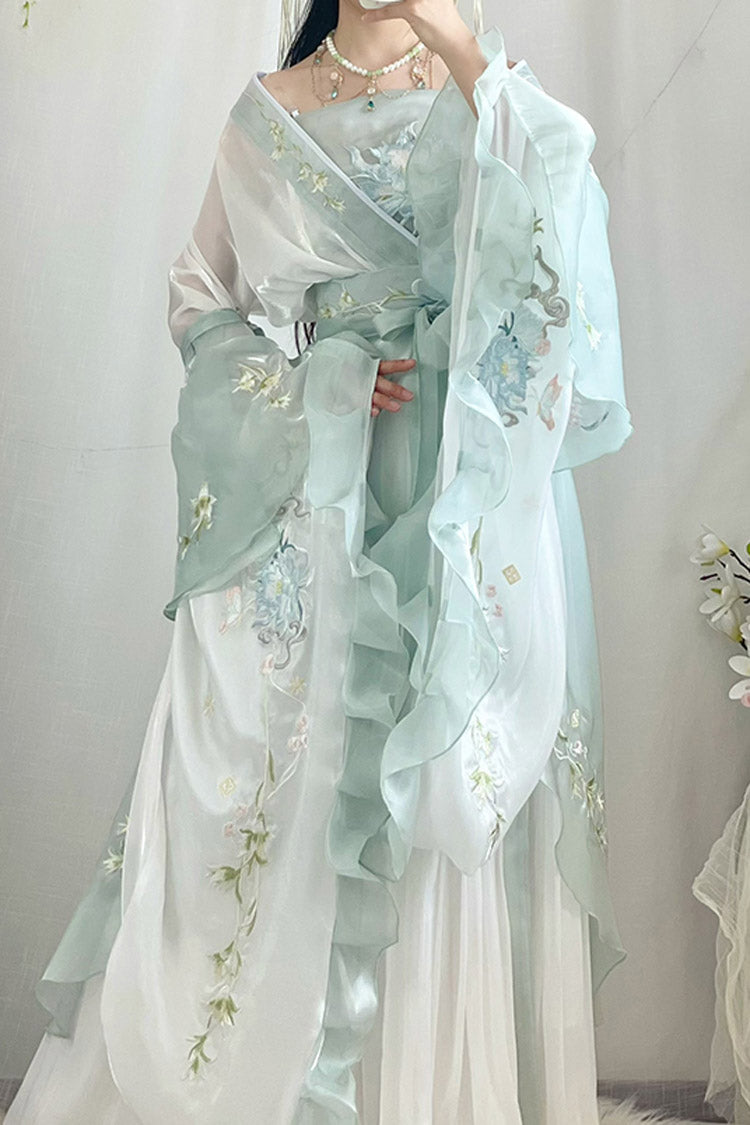 Emerald High-Waist Embroidered Sweet Hanfu Dress Full Set