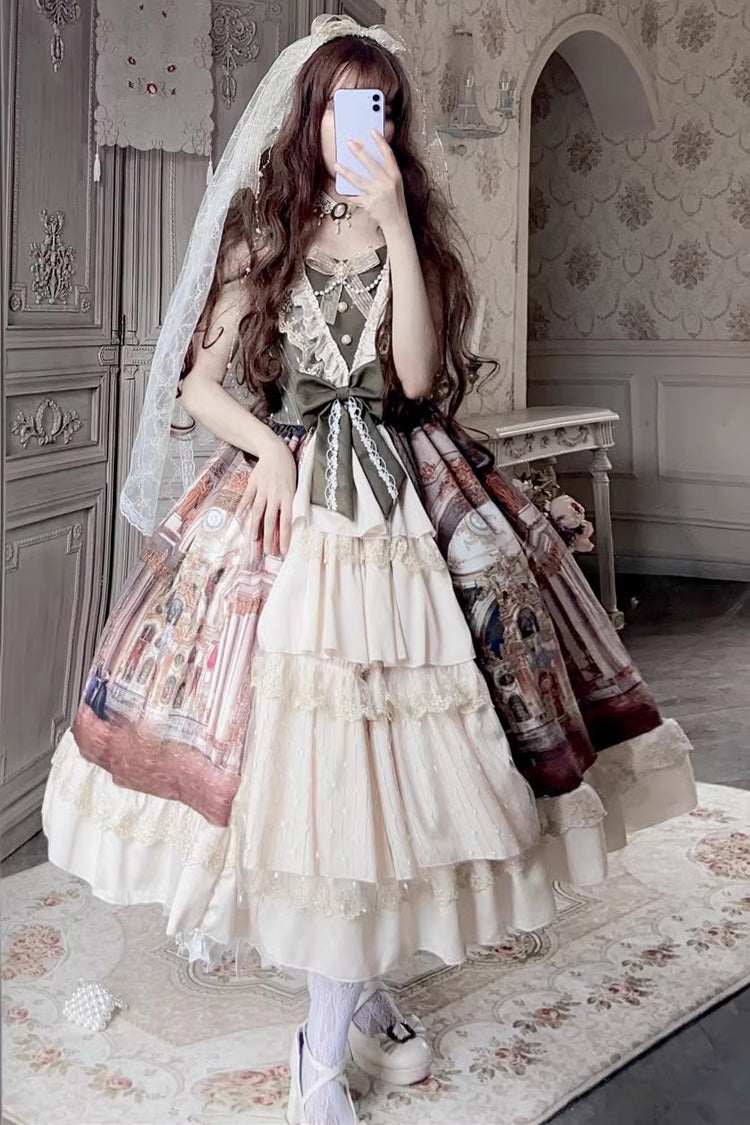 Versailles Palace Oil Painting Print Ruffle Cardigan Bow Elegant JSK