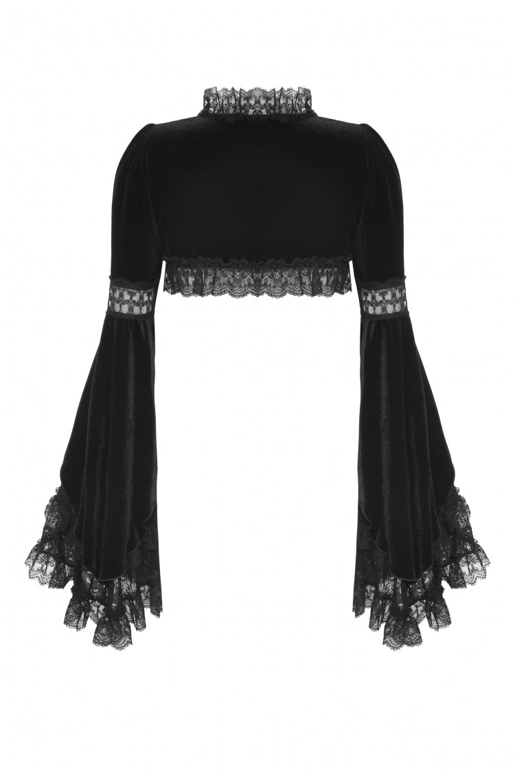Jet-Black Gothic Cape with Flared Sleeves and Ruffled Lace Trim