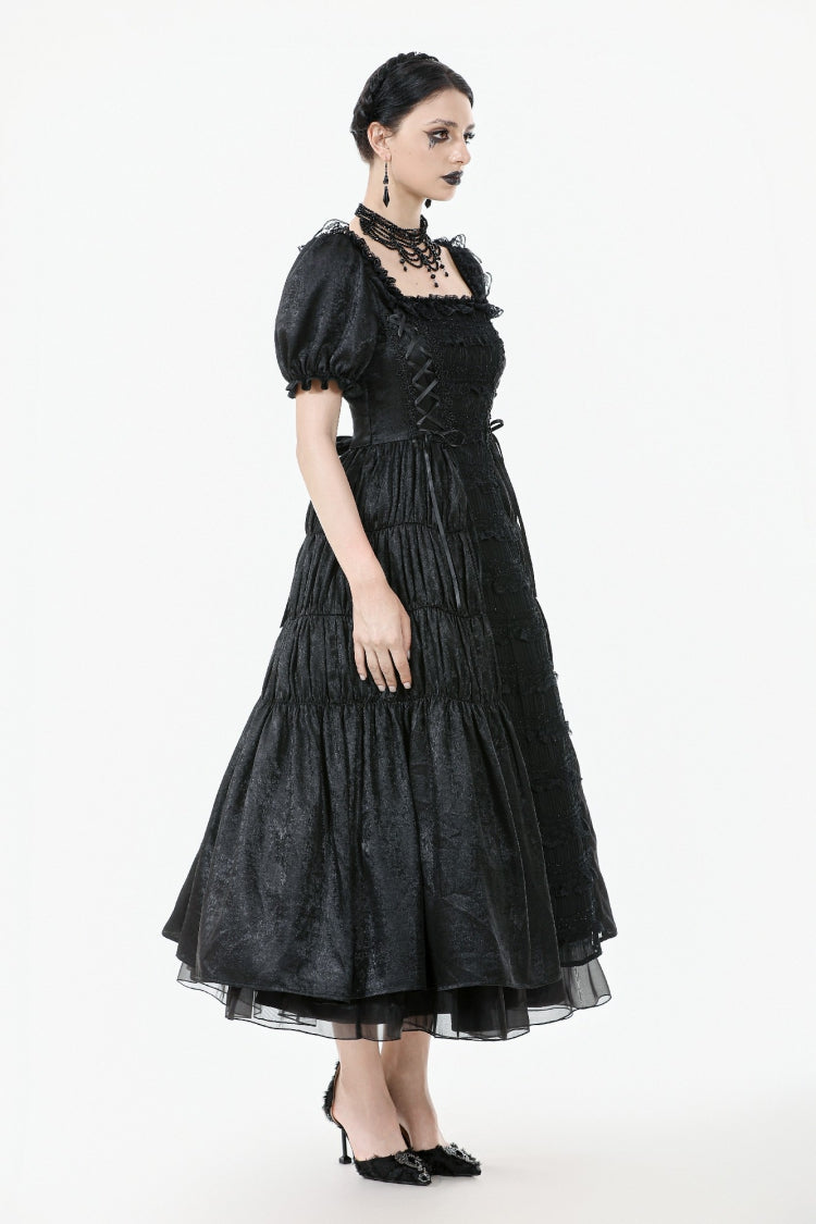 Square Collar Short Puff Sleeve Lace-Up Ruched Gothic Wedding Dress for Women Lace