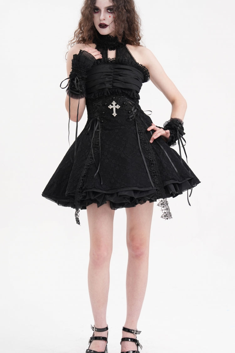 Sweet Black Cut-out Ruffle Lace Halter Gothic Dress