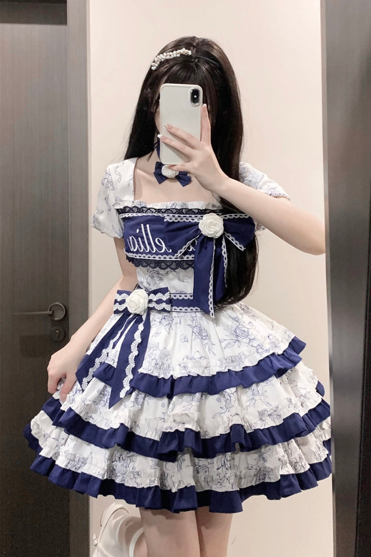 Cerulean and Ivory Porcelain Print Multi-Layer Ruffle Embroidery Bow Sweet Lolita Dress