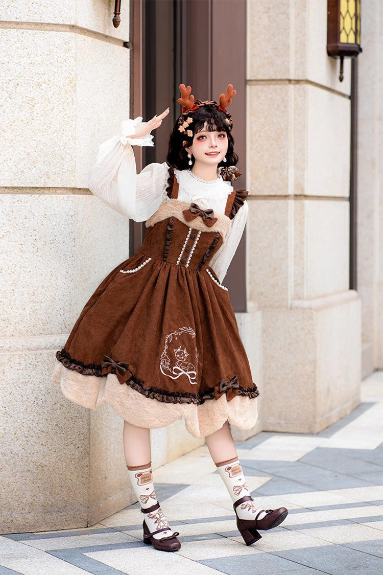 Autumn Winter Lolita JSK with Deer Print & Bowknot Embroidery