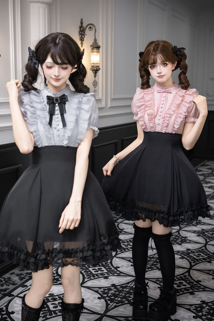 Miss Lola Snow Kiss Stand Collar Short Puff Sleeves Ruffled Color-Blocked Faux Two-Piece Sweet Lolita Dress 3 Colors - Black