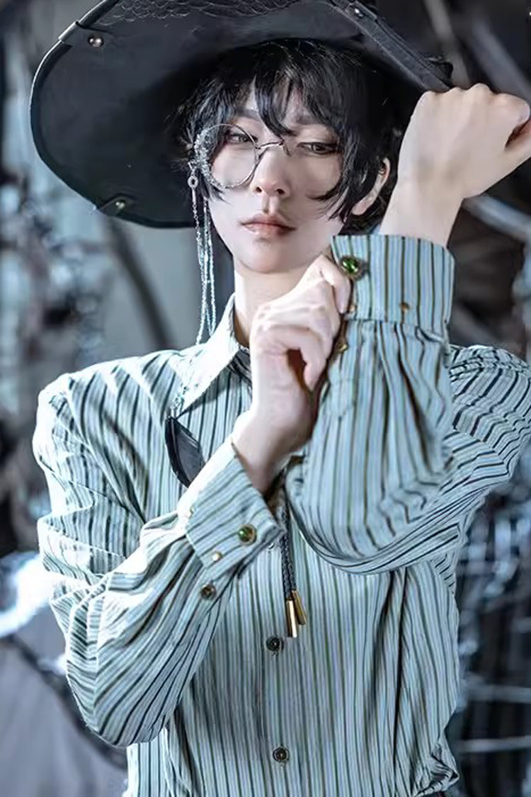 Emerald Striped Slim-Fit Ouji Prince Blouse with Studded Long Sleeves