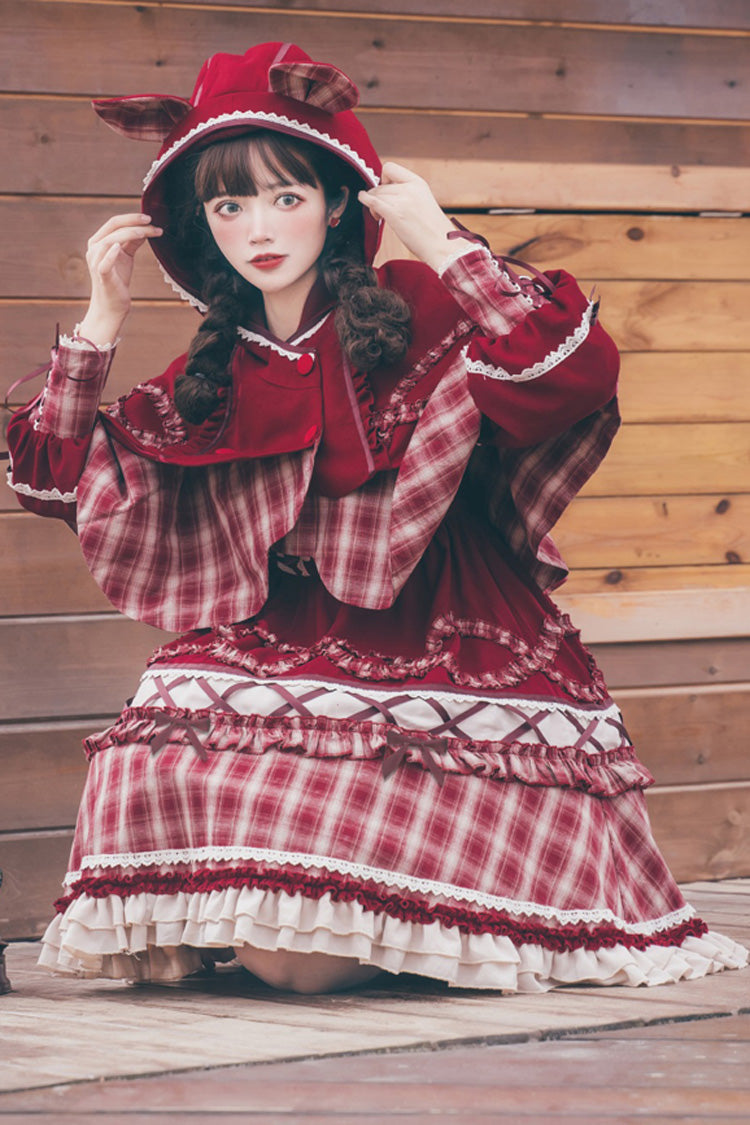 Red Retro Sweet Lolita OP Dress with Plaid, Lantern Sleeves and Ruffles - Altfashion Shop