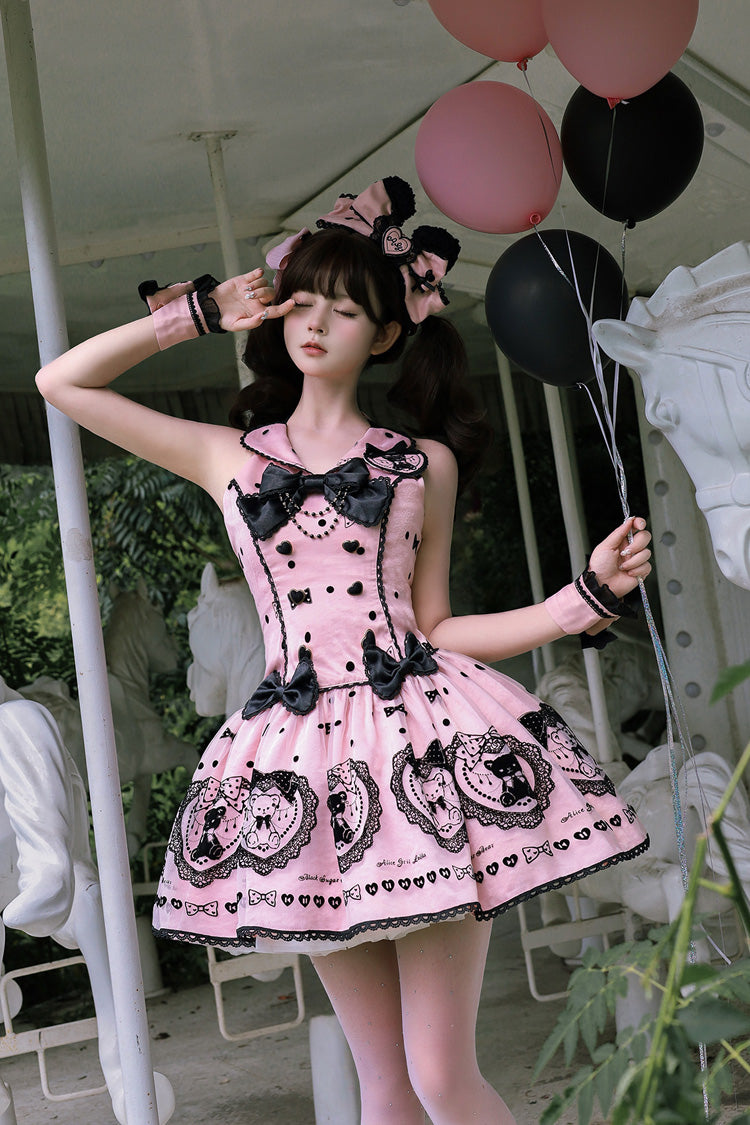 Pink Halterneck Sleeveless Embroidered Bow Sweet Dress - Sugar Bear
