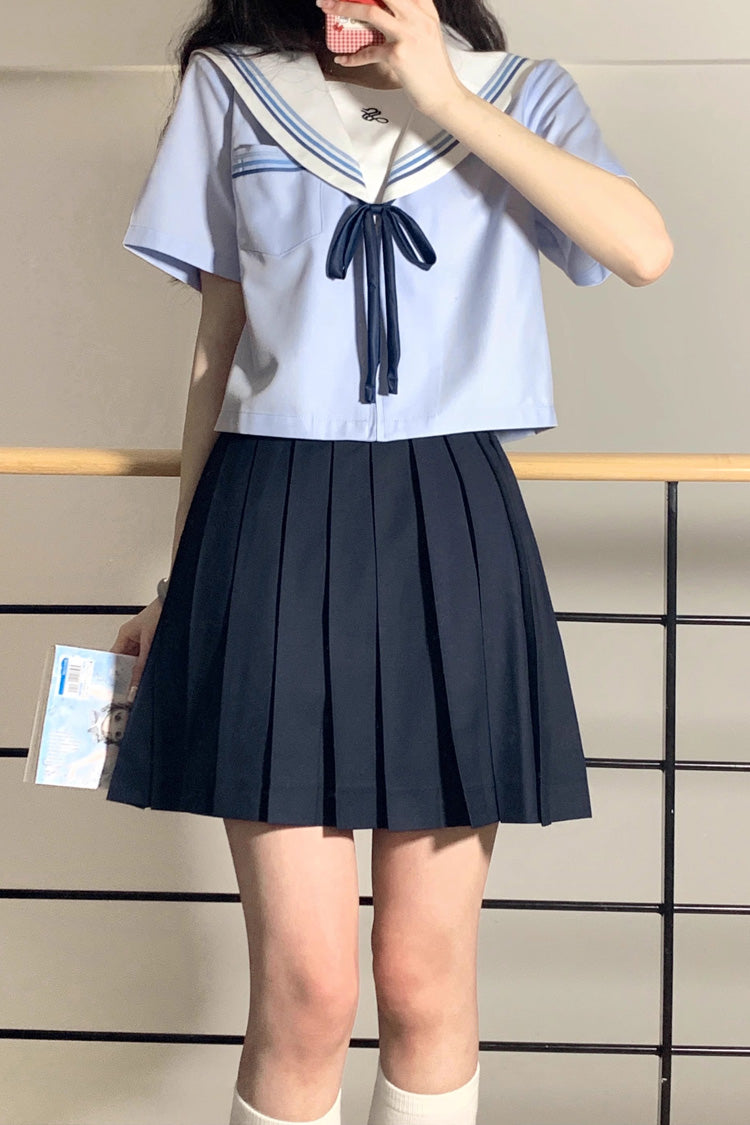 Navy Sailor-Inspired Pleated School Skirt with Sweet Charm
