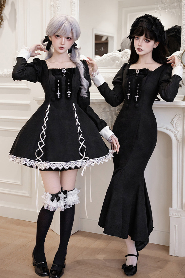 Rose Doll Square Collar Lace-Up Gothic Lolita Dress Set with Bow