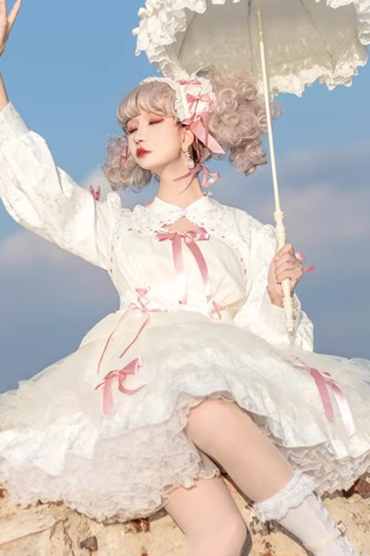 Love Song Long Sleeves Multi-Layered Jacquard Ruffle Bowknot Sweet Gothic Dress