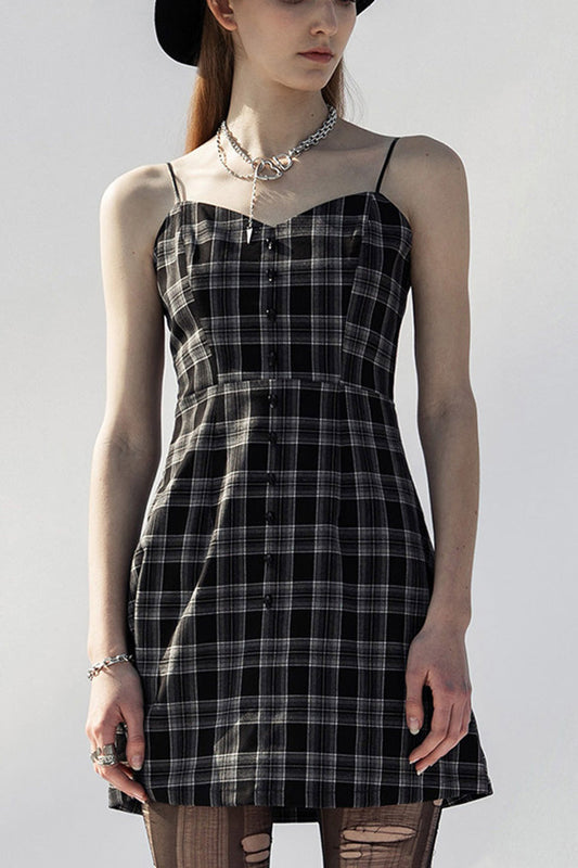 Plaid Skull Studded Belt Punk Suspender Dress - Black/White