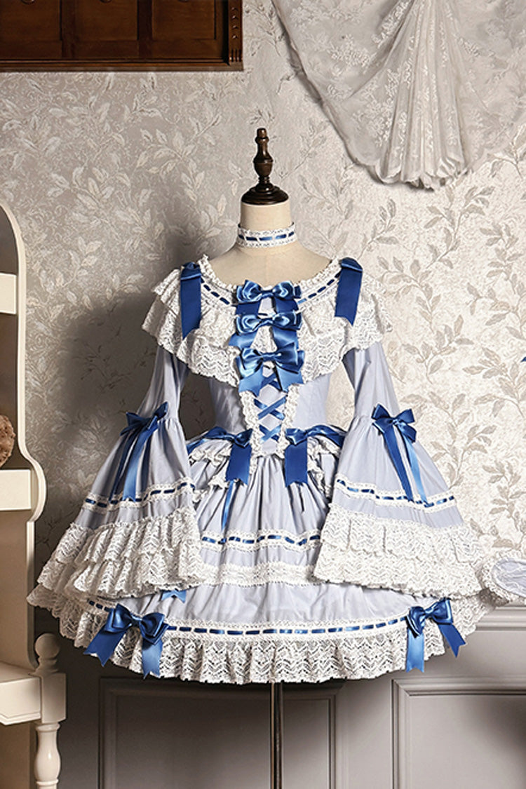 Blue/White Rabbit Sleeping Doll Long Trumpet Sleeves Ruffle Ribbon Lace Girly Lolita Dress