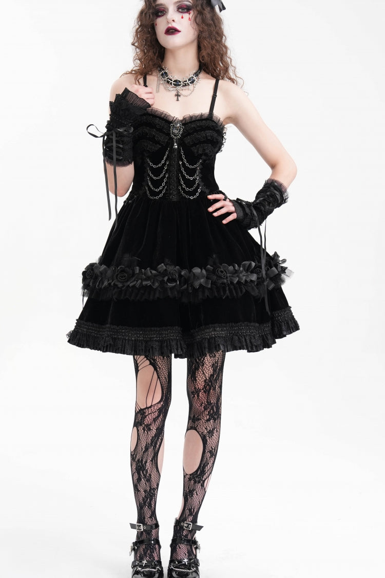 Gothic Slip Dress with Ruffle Lace and Chain for Women