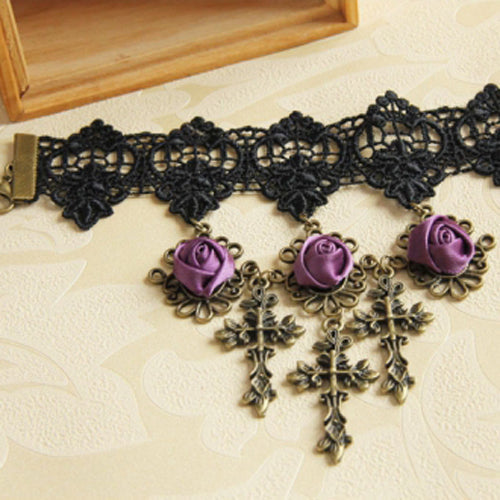 Gothic Lolita Retro Wedding Purple Rose Cross Black Lace Armband Bracelet