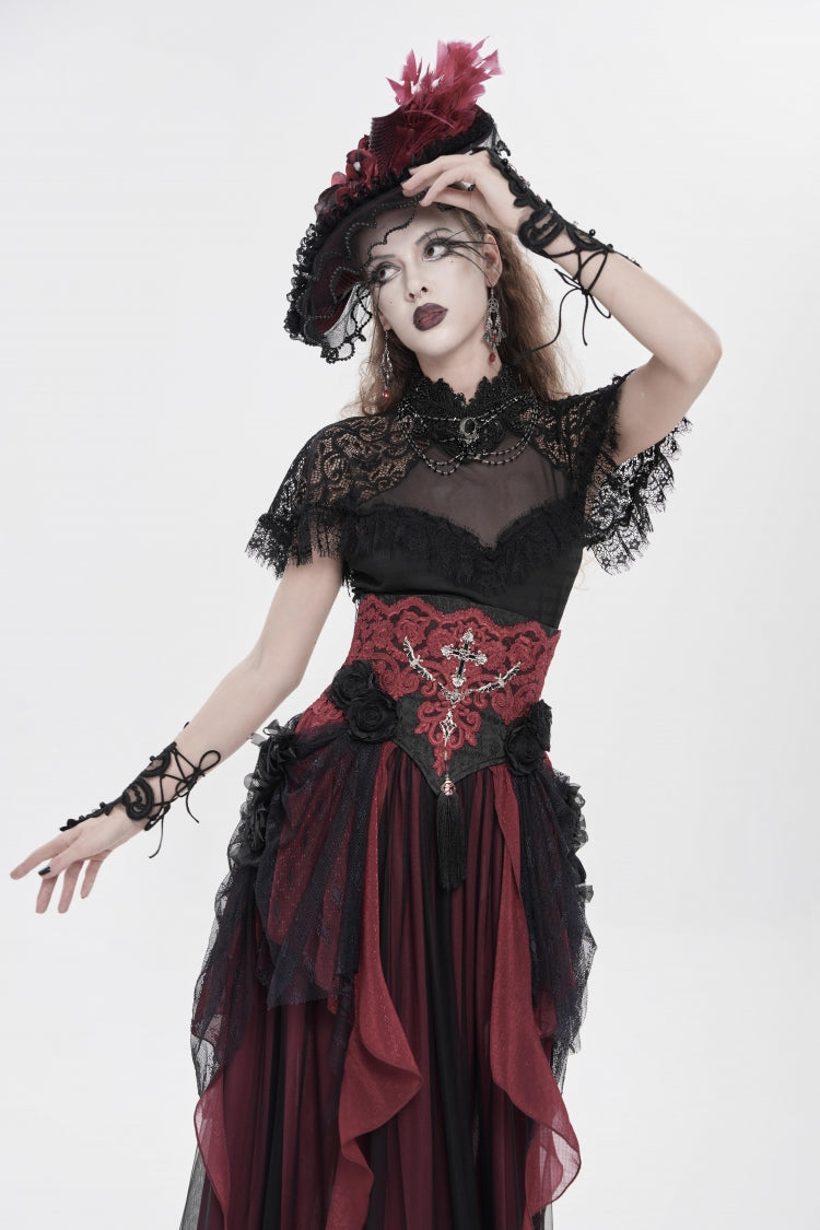 Crimson & Noir Embroidered Rose Underbust Corset with Lace Accents