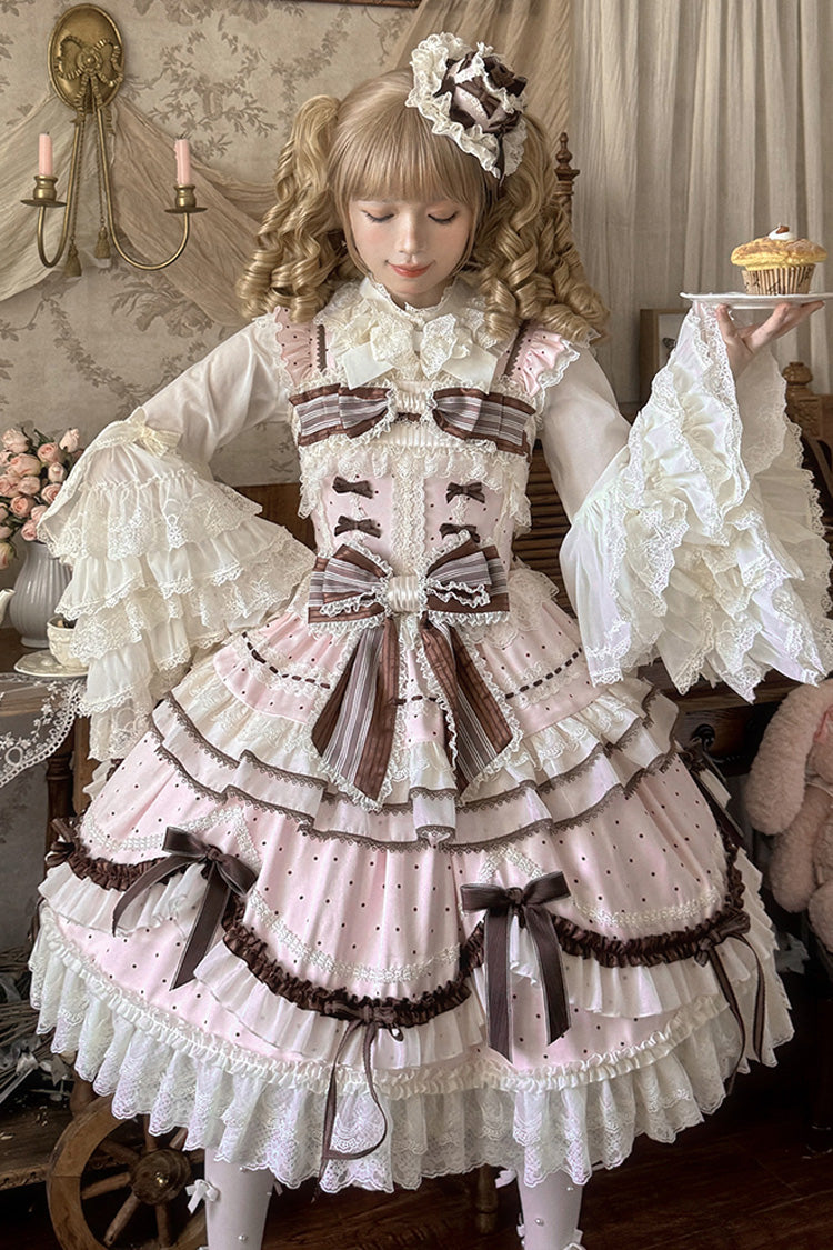 Sleeveless Print Ruffle Bow Lace-Up Sweet Elegant Lolita Jumper Dress - Pink