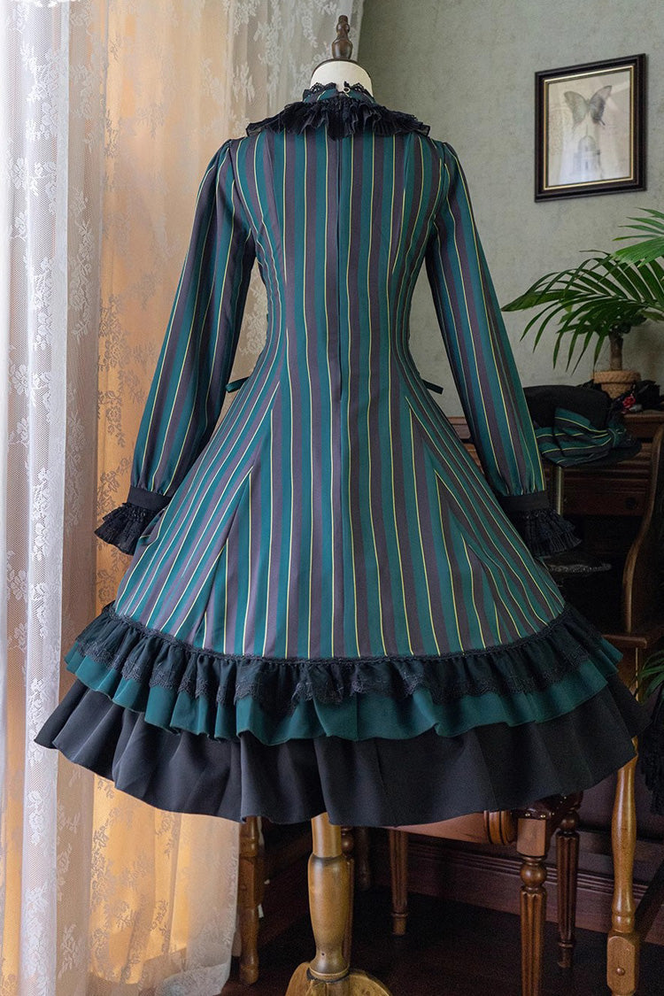 Point Manor Stand Collar Long Sleeves Multi Layer Striped Printed Ruffle Gothic Lolita Dress