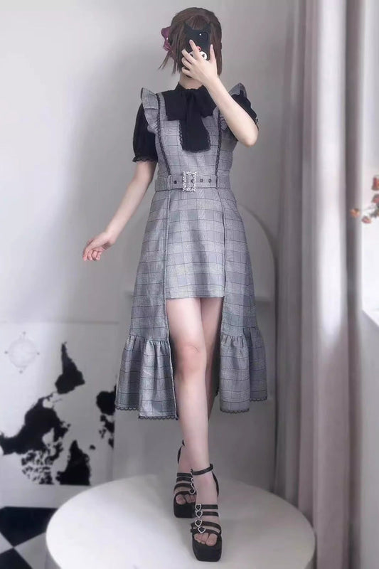 Grey Sleeveless Plaid Ruffle Slim Irregular Jirai Kei Dress