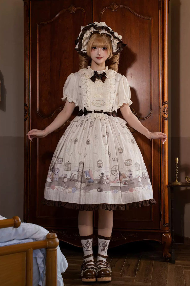 Cream Forest Tailor Shop Stand Collar Short Sleeve Printed Bow Frilled Sweet Lolita Dress