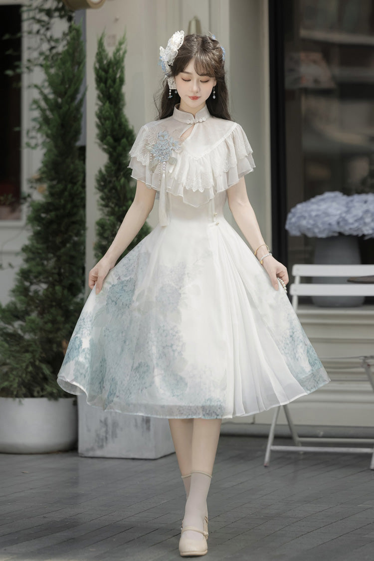 Ivory Print Ruffle Lace Chinese Elegant Short Dress