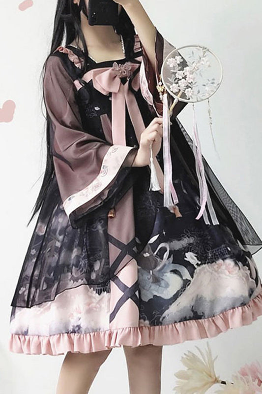 Black/Pink Chinese Style Sweet Lolita OP Dress Long Sleeves Bow - Altfashion Shop
