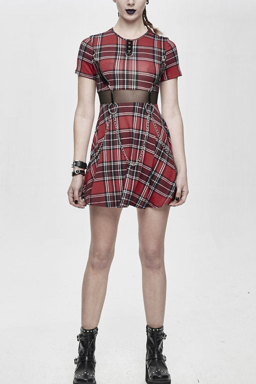 Plaid Mesh Stretchy Mid-Length Scottish Chains Gothic Dress