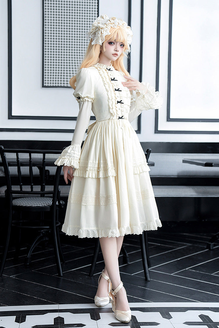 Cream Birch Appointment Stand Collar Long Puff Sleeve Frilled Bow Sweet Lolita Dress