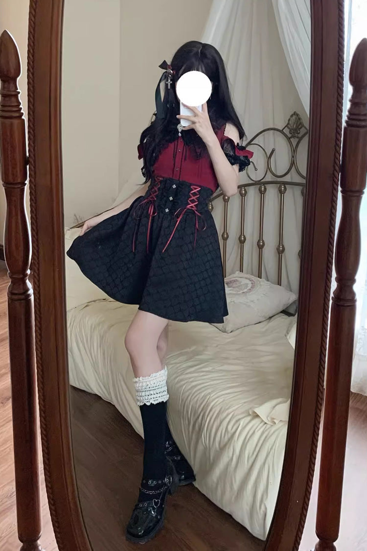 Overture to the Dead Off Shoulder Short Sleeves Ruffle Bowknot Lace-Up Gothic Jirai Kei Skirt Set - Black/Red