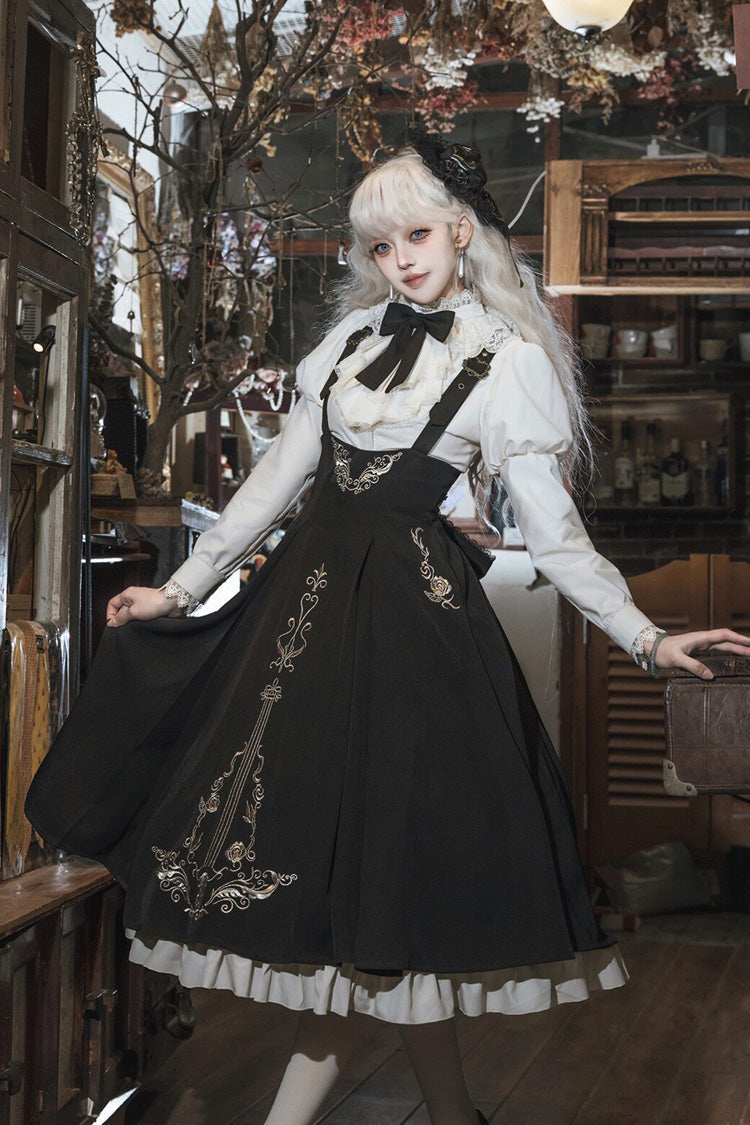 Black/White Violin Variations Ruffled Embroidered Gothic Lolita Jumper Gown Set