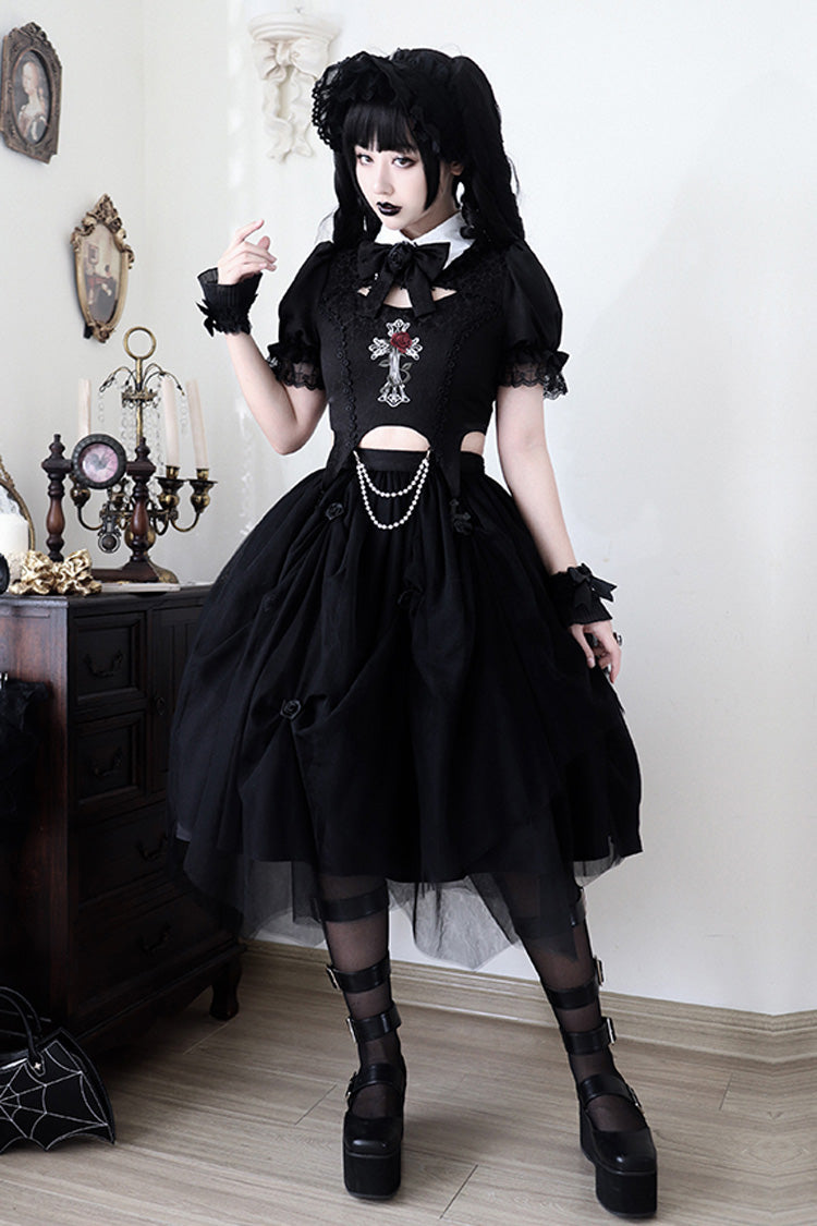 Embroidered Cutout Lolita Dress Set with Short Sleeves in Black