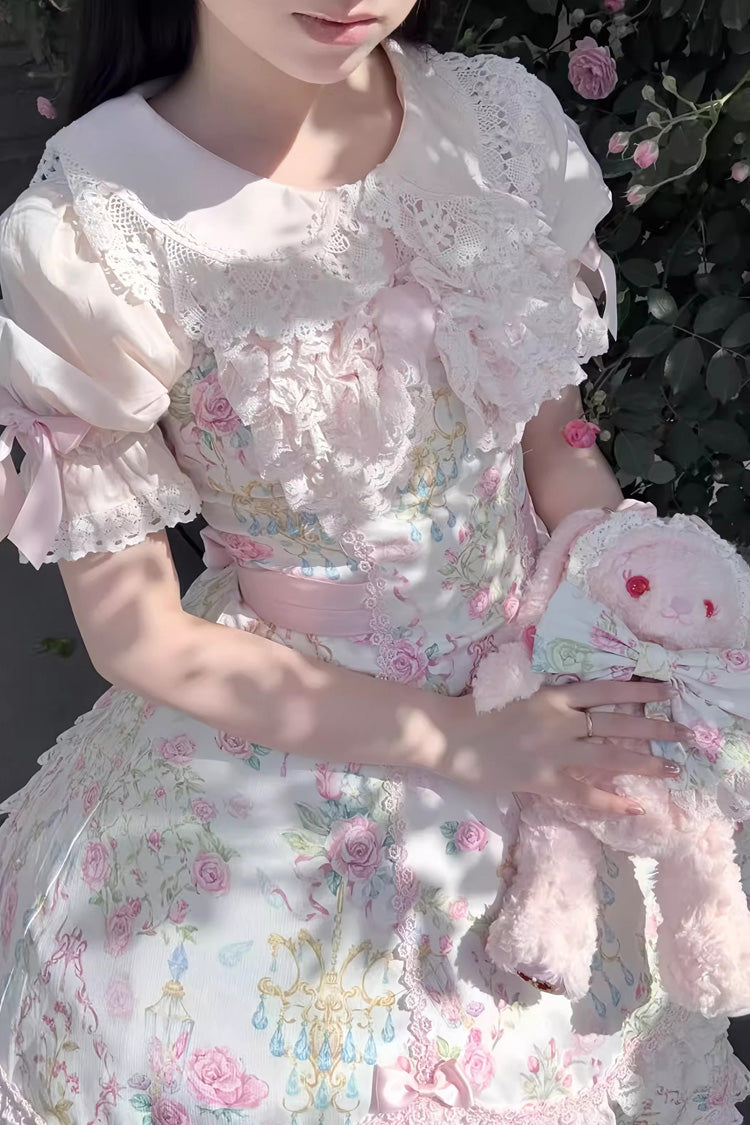 Ivory & Pink Sleeveless Floral Wall Print Lace Bow Sweet Lolita JSK Dress