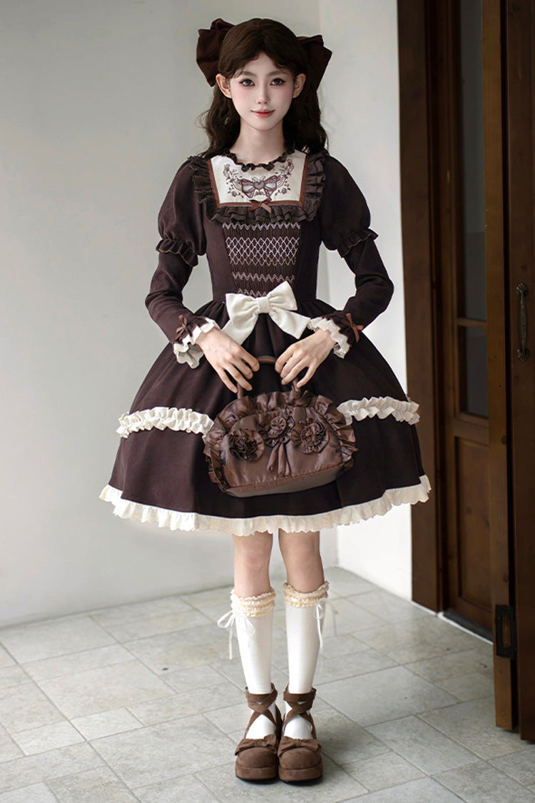 Brown Double-Layered Ruffled Bouquet Embroidered Bow Sweet Lolita Dress - Miss Brown