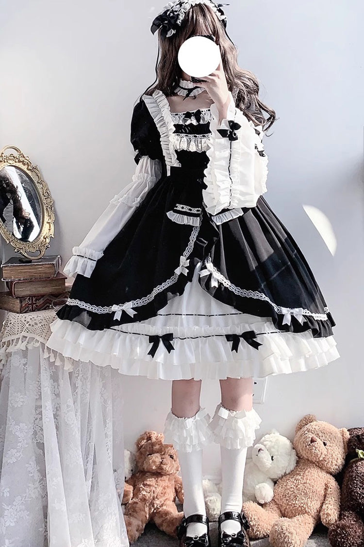 White/Black Hime Sleeves Multi-Layer Ruffle Cardigan Bowknot Gothic Princess Lolita Dress