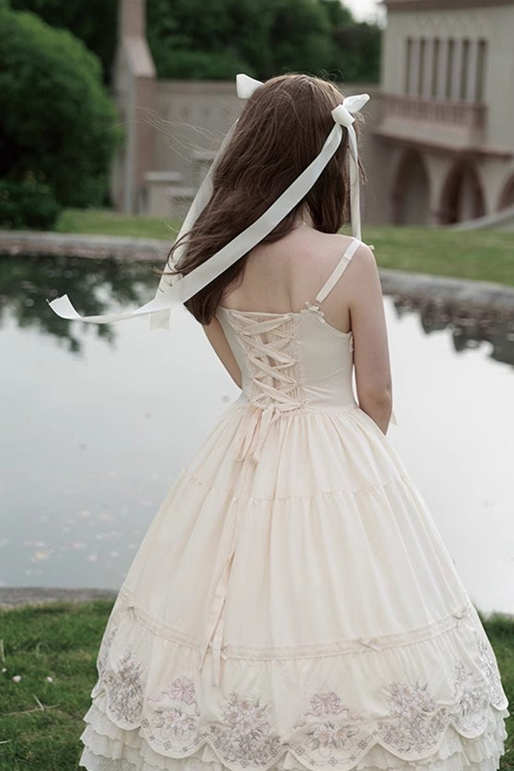 Apricot Princess Lolita JSK Dress with Triple-Layer Ruffles Embroidery Bowknot and Lace