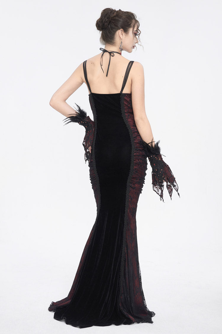 Crimson & Noir High-Waist Embroidered Gothic Dress with Elegant Stitching