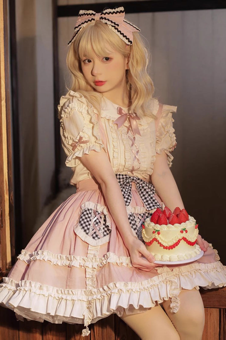 Pink Heart-Print Ruffled Strap Dress with Bowknot