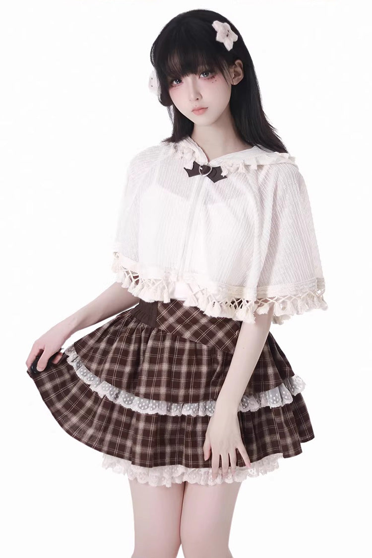 Brown Double-Layer Printed Ruffled Spliced Lace Sweet Skirt - Warm Summer Days